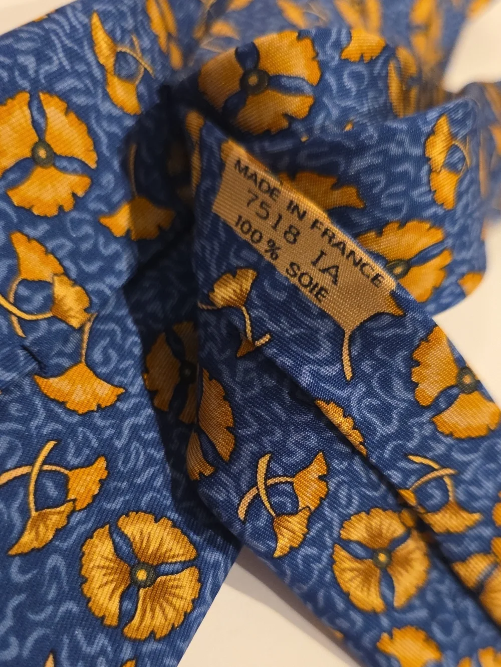 Hermes Flower Tie Silk Made In France Gold And Navy Blue Floral Pattern Authenti
